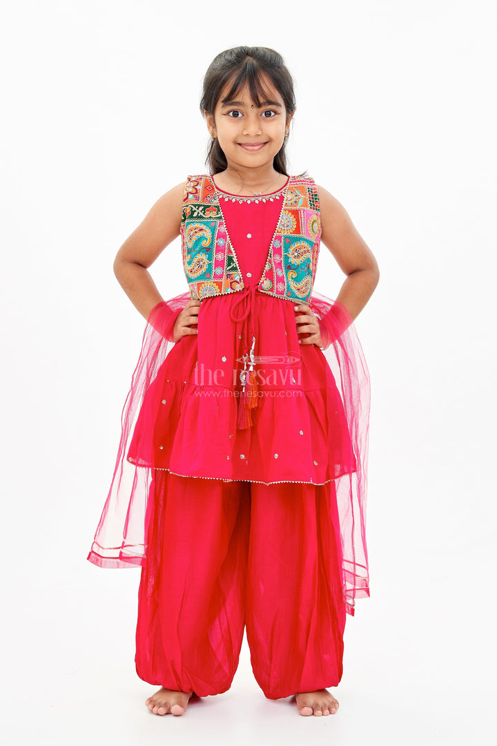 The Nesavu Girls Sharara / Plazo Set Girls Three Piece Sharara Set in Red with Embroidered Jacket and Flared Pants Nesavu Girls Three Piece Red Sharara Set Embroidered Jacket Dupatta | The Nesavu