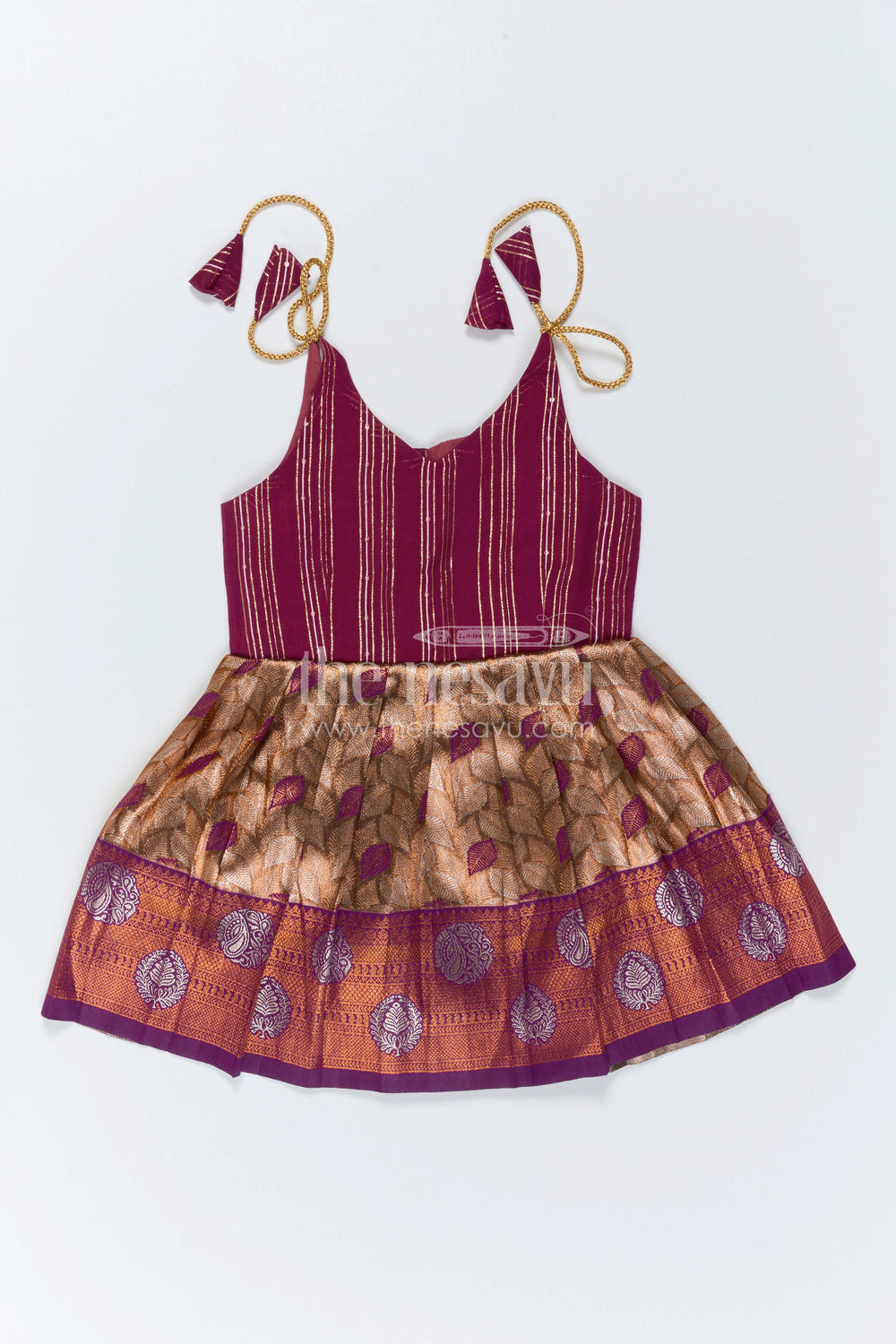 The Nesavu Tie-up Frock Girls Tie up Frock for Wedding and Festive Occasions Nesavu 16 (1Y) / Maroon / Semi Banarasi T433A-16 Nesavu Girls Tie Up Frock With Zari Border For Weddings And Festive Celebrations