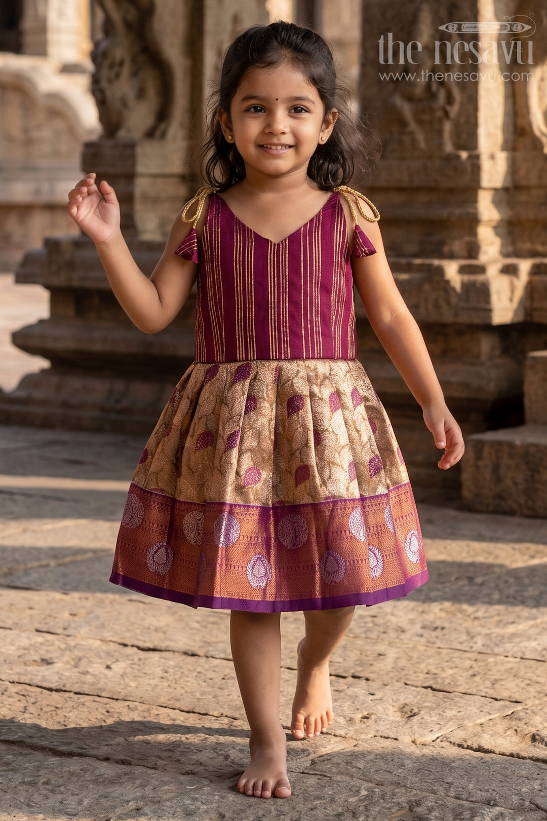 The Nesavu Tie-up Frock Girls Tie up Frock for Wedding and Festive Occasions Nesavu 16 (1Y) / Maroon / Semi Banarasi T433A-16 Nesavu Girls Tie Up Frock With Zari Border For Weddings And Festive Celebrations