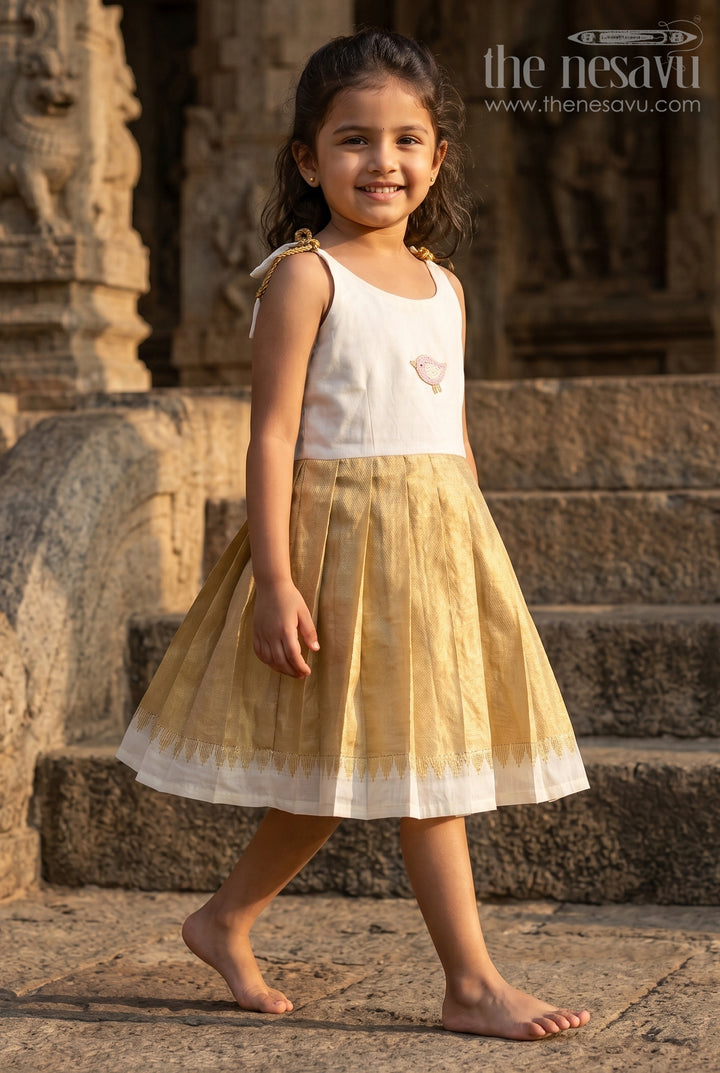 The Nesavu Tie-up Frock Girls Tissue Silk Frock for Festive Birthday Parties Nesavu 18 (2Y) / Half white / Tissue T434A-18 Nesavu Girls Tissue Silk Tie Up Frock For Festive Birthdays And Family Celebrations