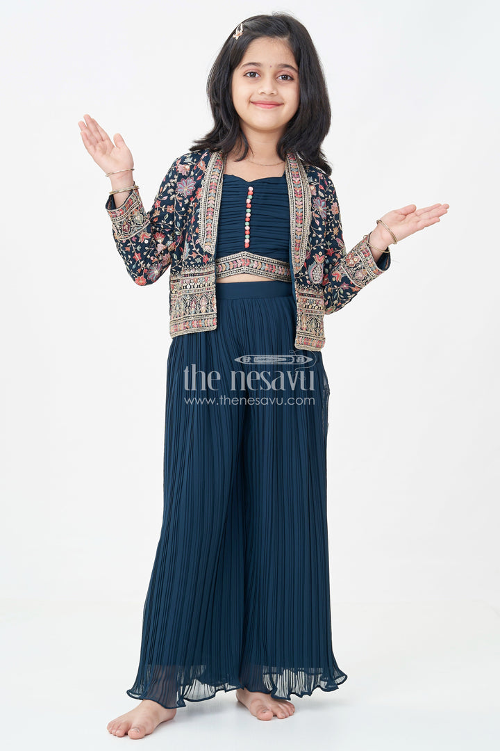 The Nesavu Girls Sharara / Plazo Set Girls Top with Sharara Set in Georgette with Designer Embroidered Jacket and Flared Pants Nesavu Girls Navy Top Sharara Set Georgette Embroidered Mirror Work Jacket | The Nesavu