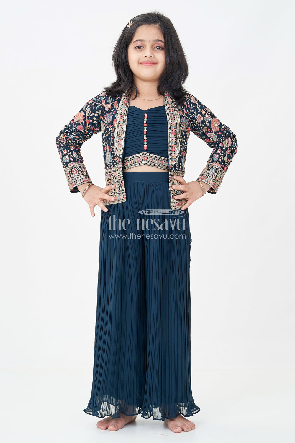 The Nesavu Girls Sharara / Plazo Set Girls Top with Sharara Set in Georgette with Designer Embroidered Jacket and Flared Pants Nesavu Girls Navy Top Sharara Set Georgette Embroidered Mirror Work Jacket | The Nesavu
