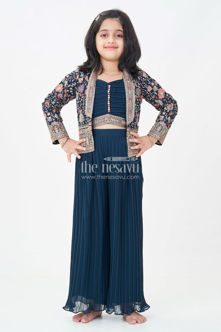 The Nesavu Girls Sharara / Plazo Set Girls Top with Sharara Set in Georgette with Designer Embroidered Jacket and Flared Pants Nesavu Girls Navy Top Sharara Set Georgette Embroidered Mirror Work Jacket | The Nesavu