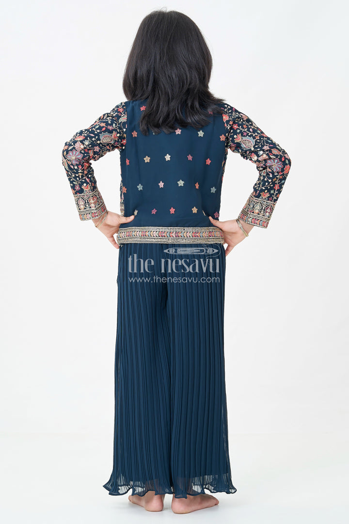 The Nesavu Girls Sharara / Plazo Set Girls Top with Sharara Set in Georgette with Designer Embroidered Jacket and Flared Pants Nesavu Girls Navy Top Sharara Set Georgette Embroidered Mirror Work Jacket | The Nesavu