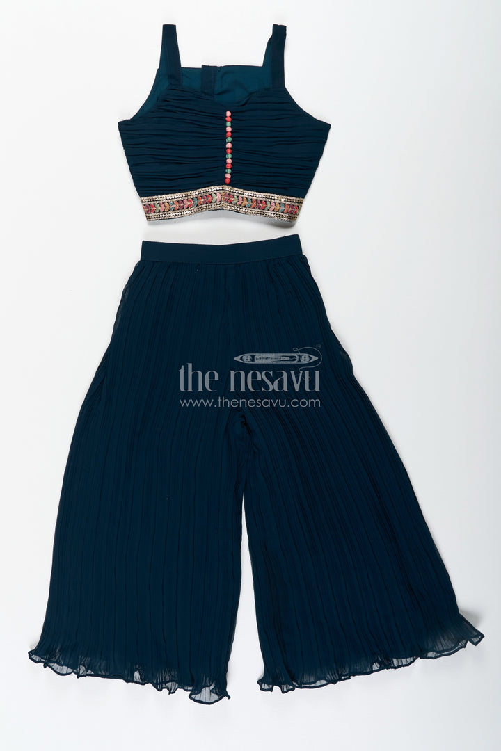 The Nesavu Girls Sharara / Plazo Set Girls Top with Sharara Set in Georgette with Designer Embroidered Jacket and Flared Pants Nesavu Girls Navy Top Sharara Set Georgette Embroidered Mirror Work Jacket | The Nesavu