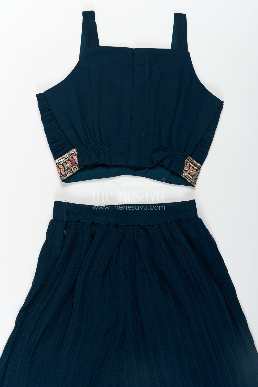 The Nesavu Girls Sharara / Plazo Set Girls Top with Sharara Set in Georgette with Designer Embroidered Jacket and Flared Pants Nesavu Girls Navy Top Sharara Set Georgette Embroidered Mirror Work Jacket | The Nesavu