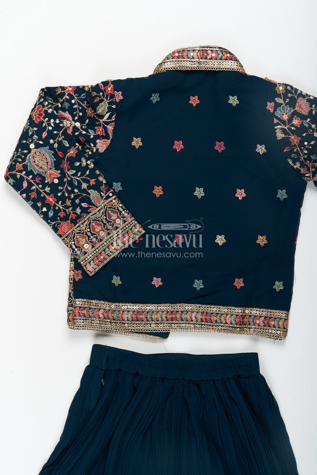 The Nesavu Girls Sharara / Plazo Set Girls Top with Sharara Set in Georgette with Designer Embroidered Jacket and Flared Pants Nesavu Girls Navy Top Sharara Set Georgette Embroidered Mirror Work Jacket | The Nesavu