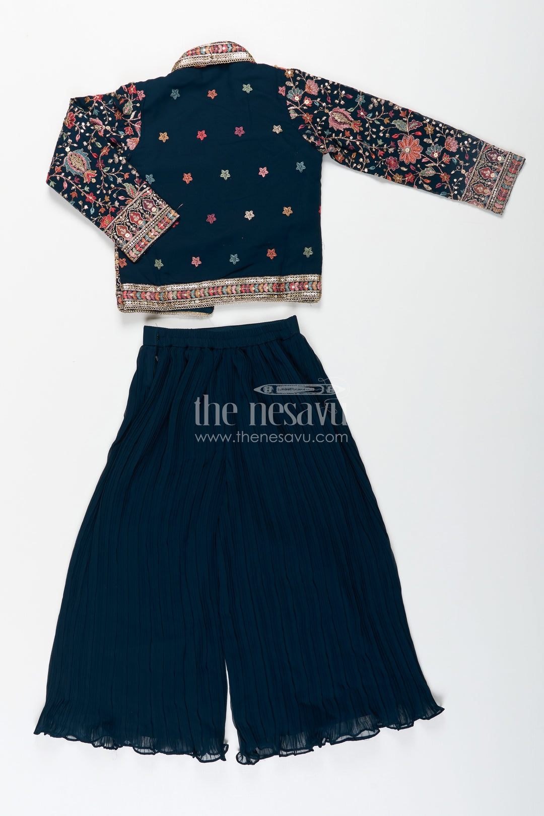 The Nesavu Girls Sharara / Plazo Set Girls Top with Sharara Set in Georgette with Designer Embroidered Jacket and Flared Pants Nesavu Girls Navy Top Sharara Set Georgette Embroidered Mirror Work Jacket | The Nesavu