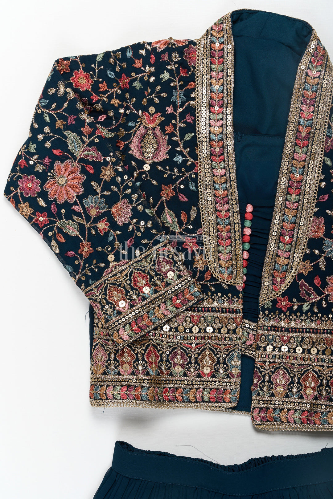 The Nesavu Girls Sharara / Plazo Set Girls Top with Sharara Set in Georgette with Designer Embroidered Jacket and Flared Pants Nesavu Girls Navy Top Sharara Set Georgette Embroidered Mirror Work Jacket | The Nesavu