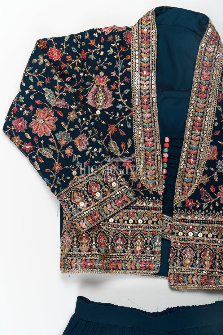 The Nesavu Girls Sharara / Plazo Set Girls Top with Sharara Set in Georgette with Designer Embroidered Jacket and Flared Pants Nesavu Girls Navy Top Sharara Set Georgette Embroidered Mirror Work Jacket | The Nesavu