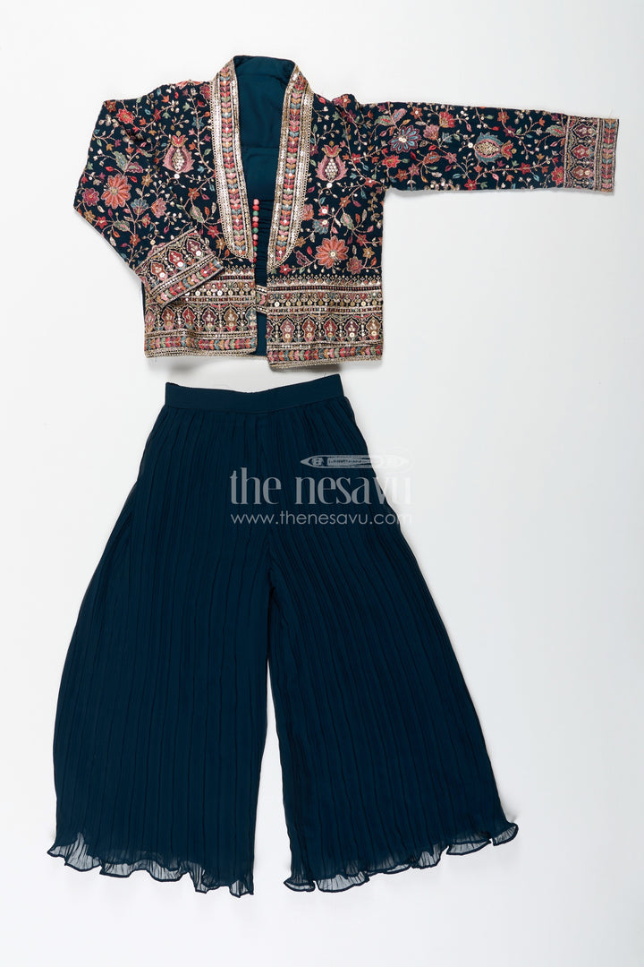The Nesavu Girls Sharara / Plazo Set Girls Top with Sharara Set in Georgette with Designer Embroidered Jacket and Flared Pants Nesavu Girls Navy Top Sharara Set Georgette Embroidered Mirror Work Jacket | The Nesavu