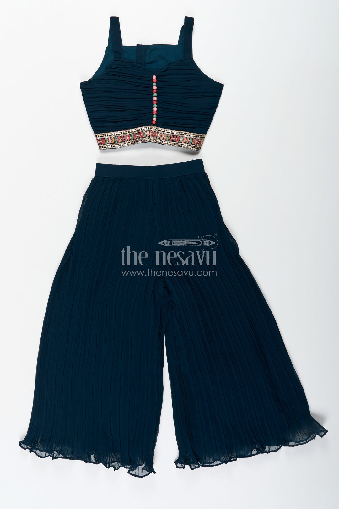 The Nesavu Girls Sharara / Plazo Set Girls Top with Sharara Set in Georgette with Designer Embroidered Jacket and Flared Pants Nesavu Nesavu Girls Navy Top Sharara Set Georgette Embroidered Mirror Work Jacket