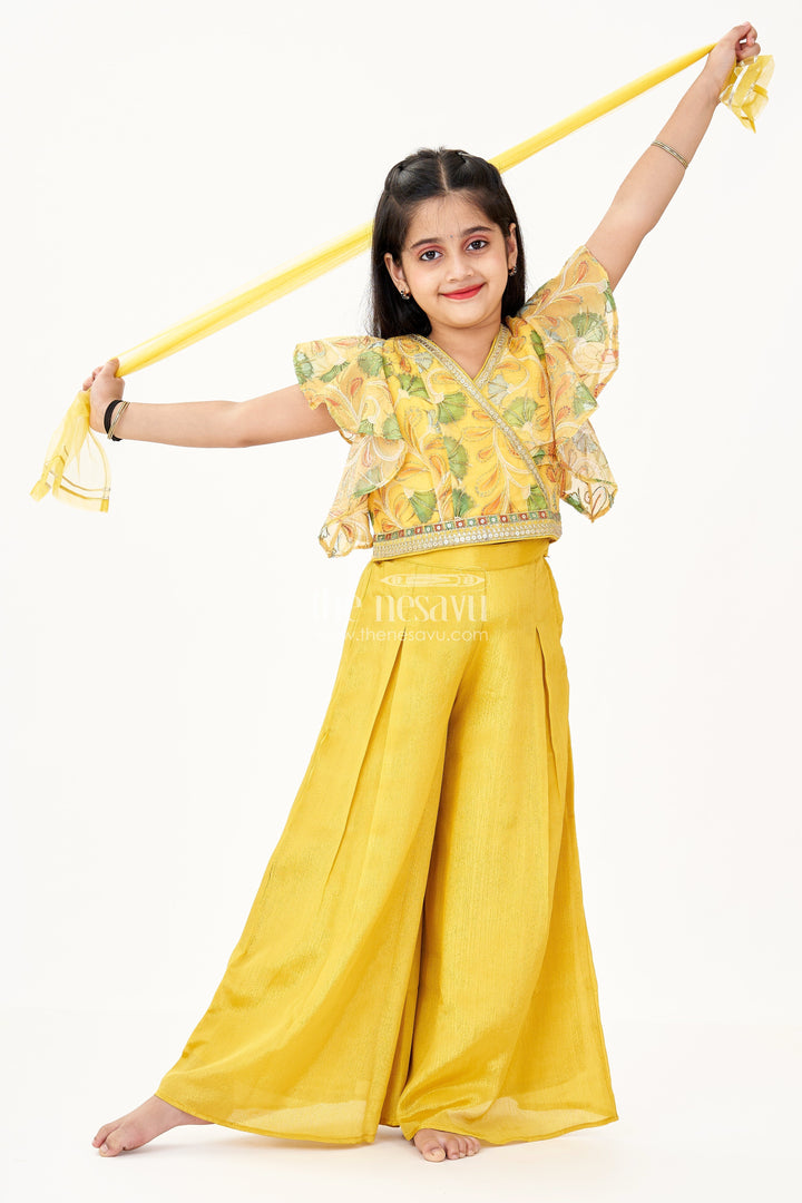 The Nesavu Girls Sharara / Plazo Set Girls Tops and Palazzo Set in Mustard Yellow Shimmer Viscose with Sequin Detailing Nesavu 16 (1Y) / Yellow GPS583A-16 Tops Palazzo Set Girls Mustard Shimmer Viscose Mirror Embellishments | The Nesavu