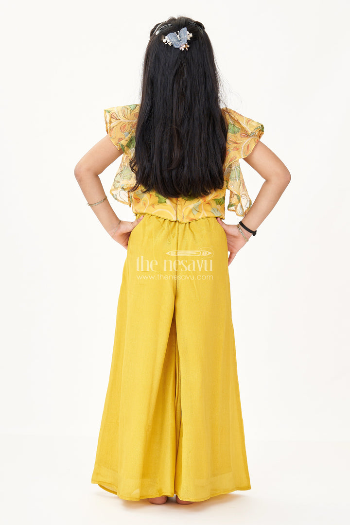 The Nesavu Girls Sharara / Plazo Set Girls Tops and Palazzo Set in Mustard Yellow Shimmer Viscose with Sequin Detailing Nesavu Tops Palazzo Set Girls Mustard Shimmer Viscose Mirror Embellishments | The Nesavu