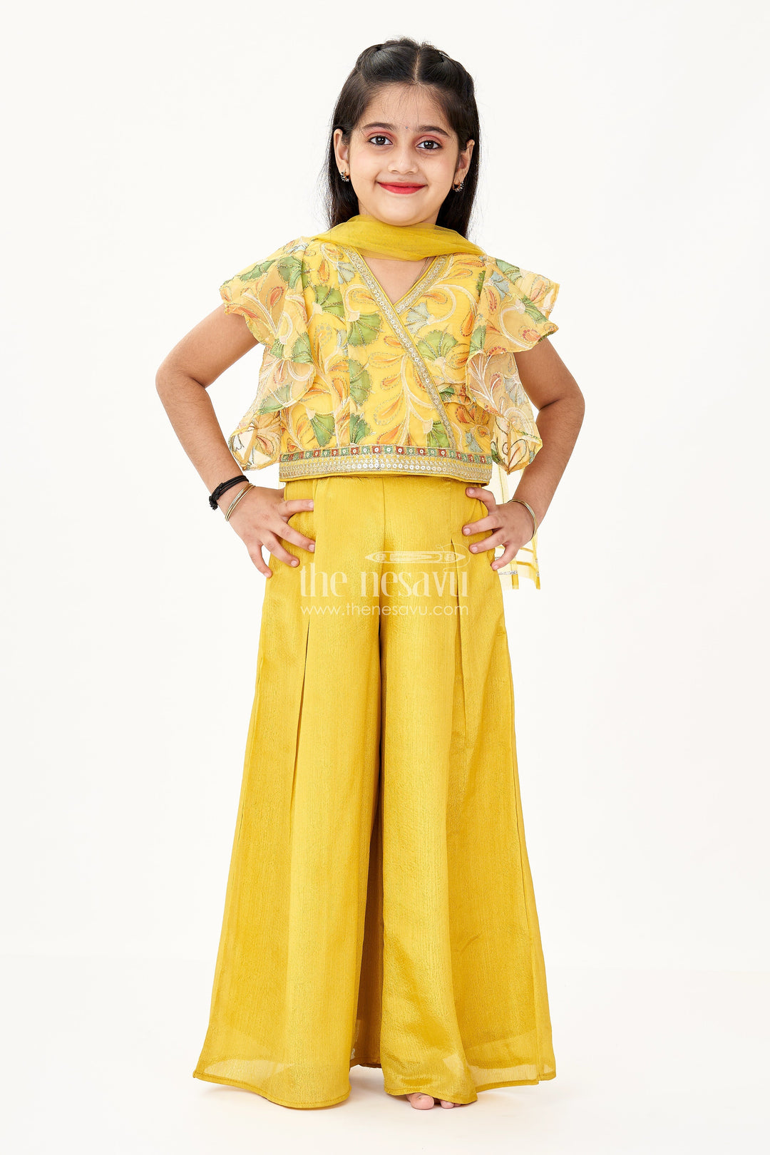 The Nesavu Girls Sharara / Plazo Set Girls Tops and Palazzo Set in Mustard Yellow Shimmer Viscose with Sequin Detailing Nesavu Tops Palazzo Set Girls Mustard Shimmer Viscose Mirror Embellishments | The Nesavu