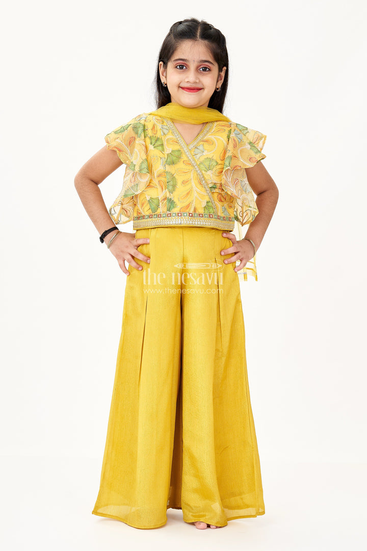 The Nesavu Girls Sharara / Plazo Set Girls Tops and Palazzo Set in Mustard Yellow Shimmer Viscose with Sequin Detailing Nesavu Tops Palazzo Set Girls Mustard Shimmer Viscose Mirror Embellishments | The Nesavu