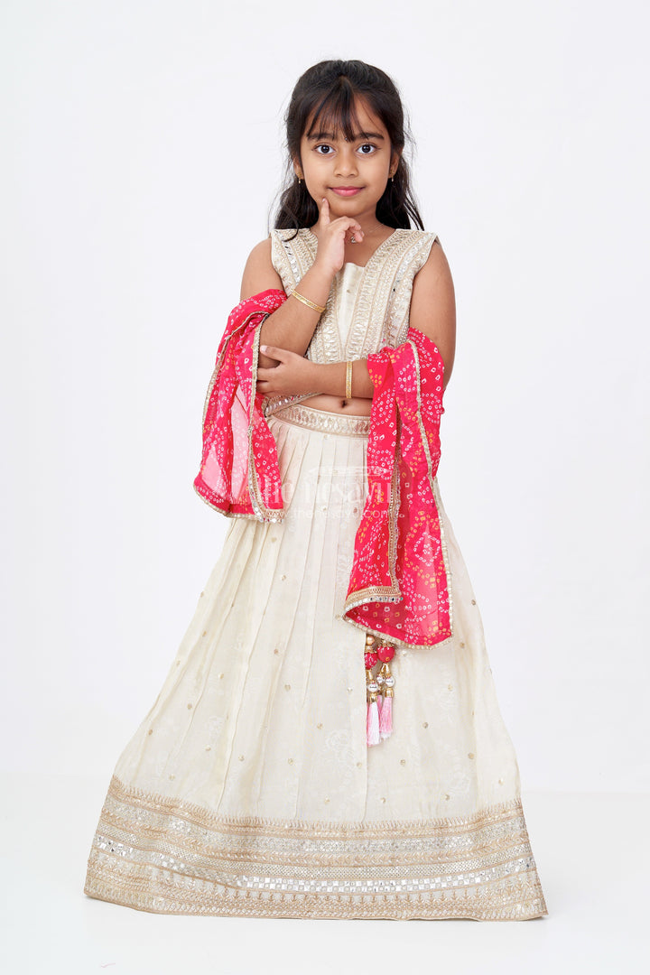 The Nesavu Girls Lehenga Choli Girls Traditional Gujarati Lehenga Choli in Cream with Mirror Work and Bandhani Dupatta Nesavu 24 (5Y) / Cream GL571A-24 Girls Embroidered Traditional Gujarati Lehenga Choli Bandhani Dupatta | The Nesavu