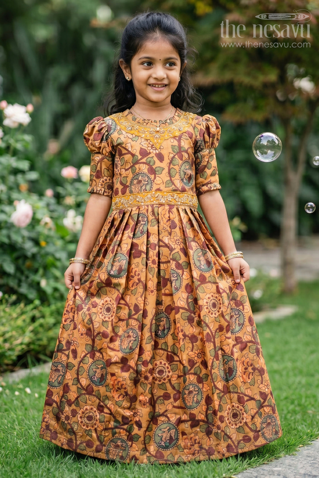 The Nesavu Girls Party Gown Girls Traditional Kalamkari Print Anarkali Gown in Earthy Yellow Tones Nesavu 16 (1Y) / Yellow / Blend Silk GA192A-16 Yellow Kalamkari Anarkali Gown for Girls | The Nesavu