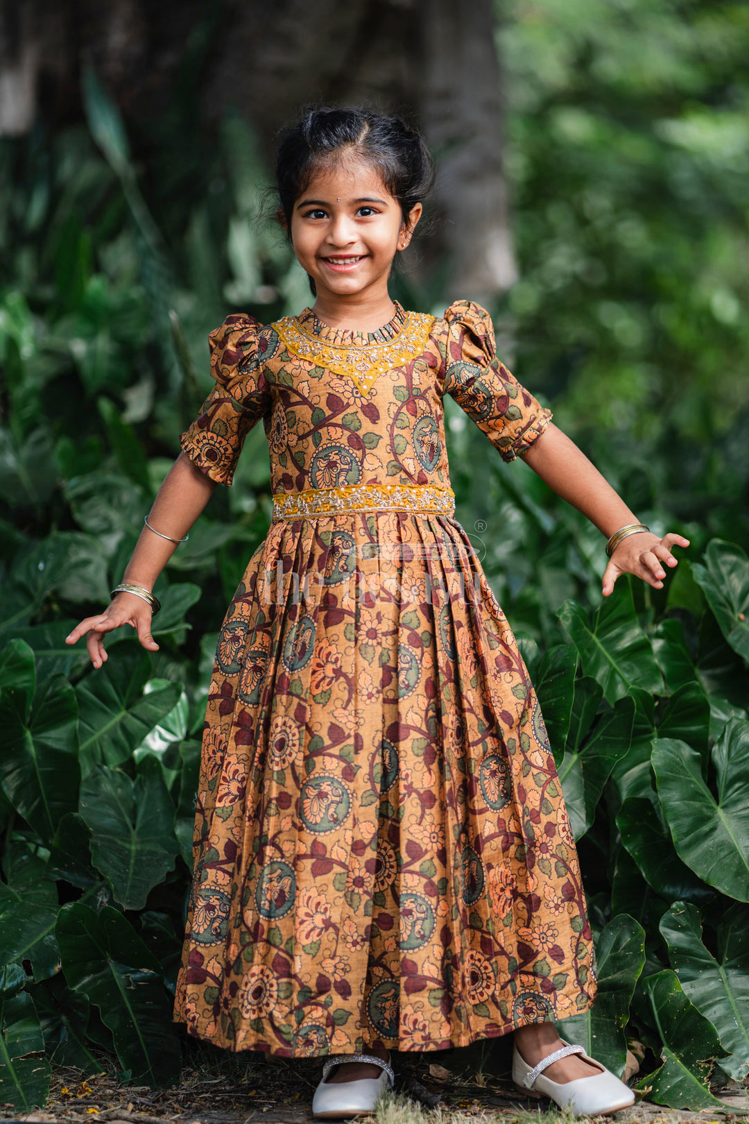 The Nesavu Girls Party Gown Girls Traditional Kalamkari Print Anarkali Gown in Earthy Yellow Tones Nesavu 16 (1Y) / Yellow / Blend Silk GA192A-16 Yellow Kalamkari Anarkali Gown for Girls | Traditional Long Dress | The Nesavu