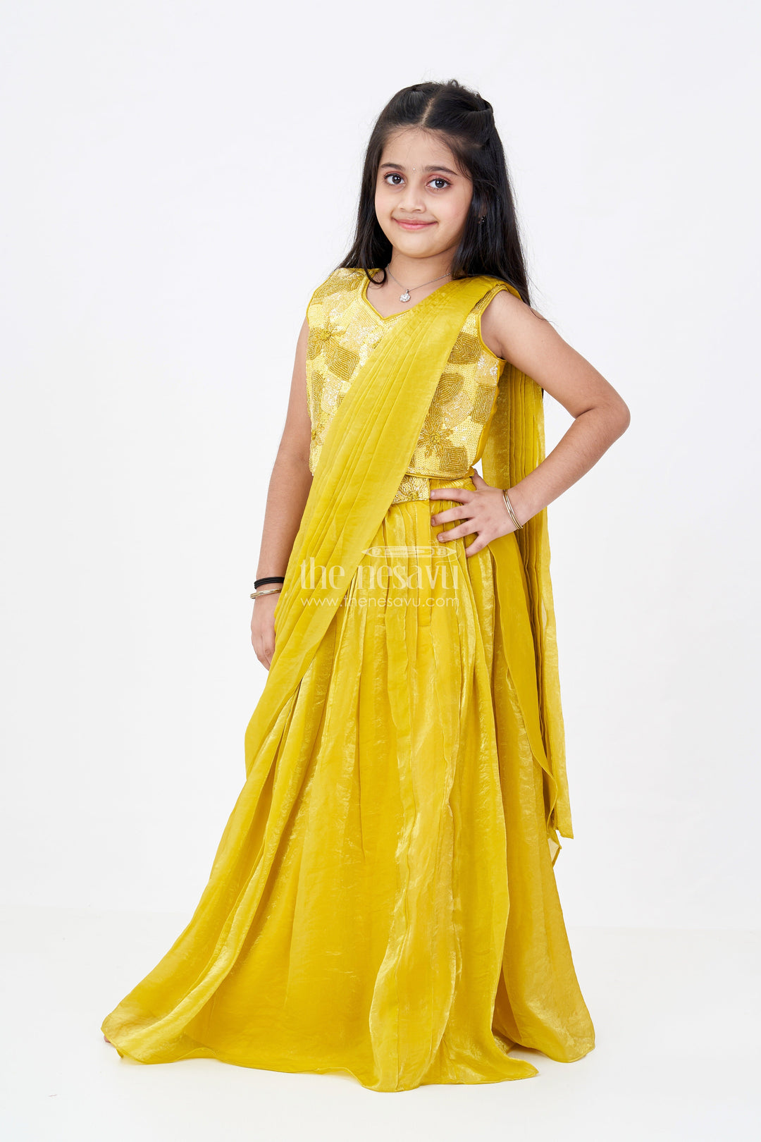 The Nesavu Girls Lehenga Choli Girls Traditional Lehenga for Diwali in Golden Yellow Glazed Organza with Designer Sequin Embroidery Nesavu 24 (5Y) / Yellow GL608A-24 Girls Traditional Lehenga Diwali Golden Yellow Glazed organza Embroidery Dupatta | The Nesavu