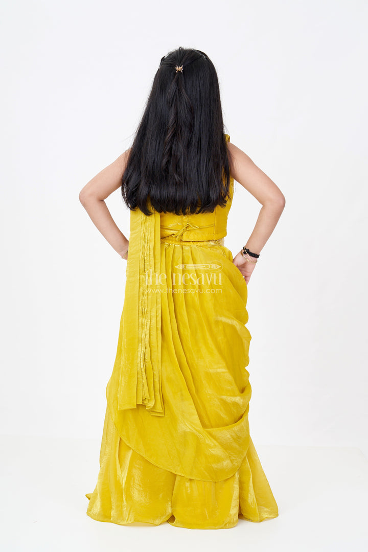 The Nesavu Girls Lehenga Choli Girls Traditional Lehenga for Diwali in Golden Yellow Glazed Organza with Designer Sequin Embroidery Nesavu Girls Traditional Lehenga Diwali Golden Yellow Glazed organza Embroidery Dupatta | The Nesavu
