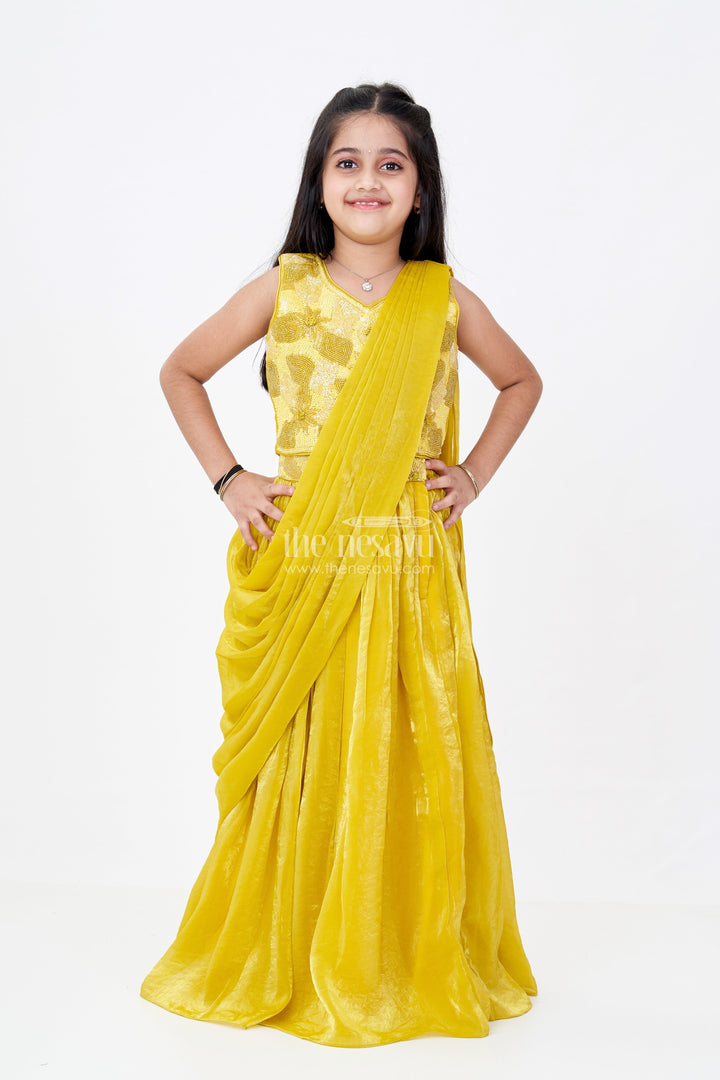 The Nesavu Girls Lehenga Choli Girls Traditional Lehenga for Diwali in Golden Yellow Glazed Organza with Designer Sequin Embroidery Nesavu Girls Traditional Lehenga Diwali Golden Yellow Glazed organza Embroidery Dupatta | The Nesavu