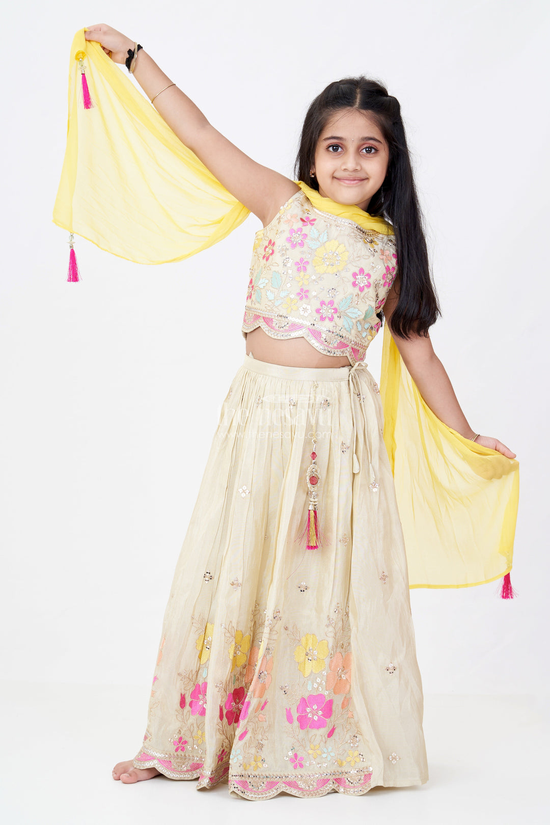 The Nesavu Girls Lehenga Choli Girls Traditional Lehenga Look Set in Gold Tissue Silk with Embroidered Floral Details and Dupatta Nesavu 16 (1Y) / Beige GL609A-16 Girls Traditional Lehenga Look Set Gold Tissue Silk Floral Embroidery Yellow Dupatta | The Nesavu