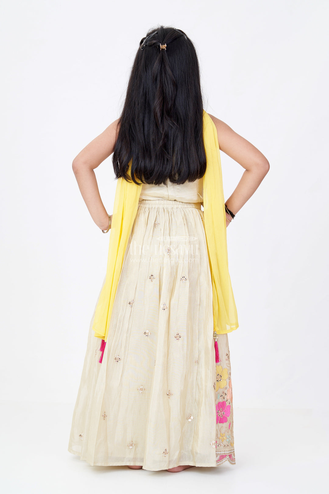 The Nesavu Girls Lehenga Choli Girls Traditional Lehenga Look Set in Gold Tissue Silk with Embroidered Floral Details and Dupatta Nesavu Girls Traditional Lehenga Look Set Gold Tissue Silk Floral Embroidery Yellow Dupatta | The Nesavu
