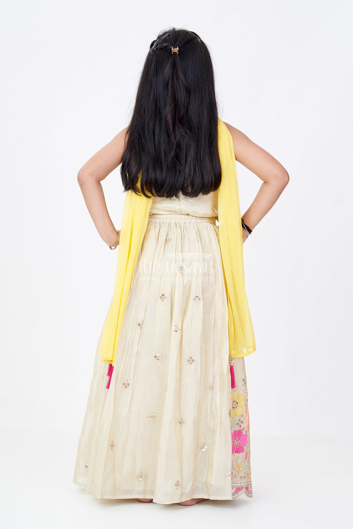 The Nesavu Girls Lehenga Choli Girls Traditional Lehenga Look Set in Gold Tissue Silk with Embroidered Floral Details and Dupatta Nesavu Girls Traditional Lehenga Look Set Gold Tissue Silk Floral Embroidery Yellow Dupatta | The Nesavu