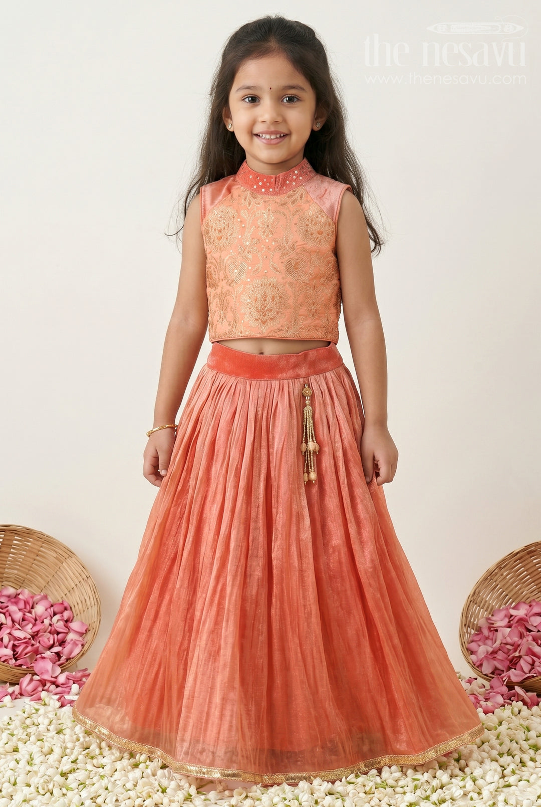 The Nesavu Girls Lehenga Choli Girls Traditional Lehenga Set for Festive Functions and Celebrations Nesavu 16 (1Y) / Orange / Organza GL933C-16 Nesavu Girls Traditional Lehenga Set With Embroidered Yoke For Festive Family Celebrations