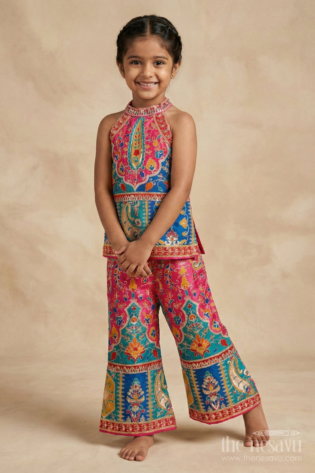 The Nesavu Girls Sharara / Plazo Set Girls Traditional Plazo Set with Mirror Embroidery for Cultural Day and Festive Wear Nesavu Nesavu girls traditional embroidered plazo set with high-neck blouse and dupatta for cultural functions