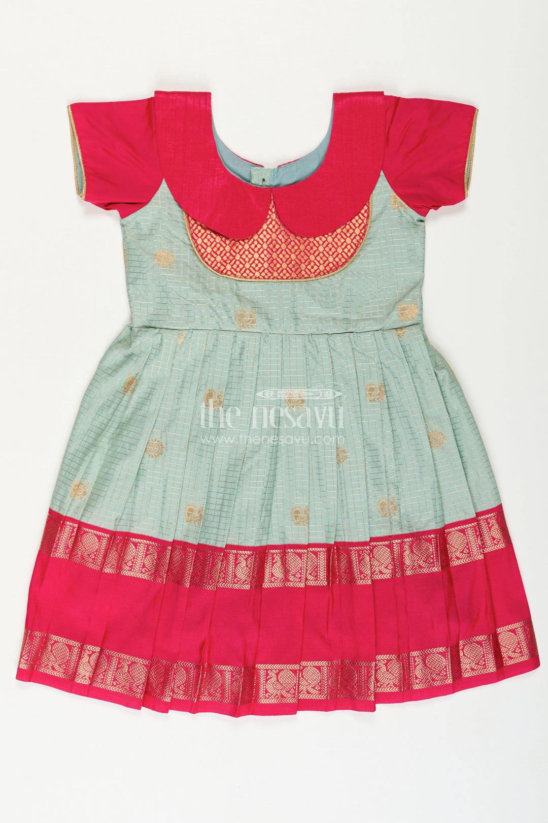 The Nesavu Girls Kanchi Silk Frock Girls Traditional Silk Frock with Dual Tone Finish and Puff Sleeves in Silk Short Dress Design Nesavu 22 (4Y) / Green / Style 2 SF1002BB-22 Nesavu Girls Semi Kanchivaram Silk Frock in silk short dress Style with Traditional Puff Sleeves