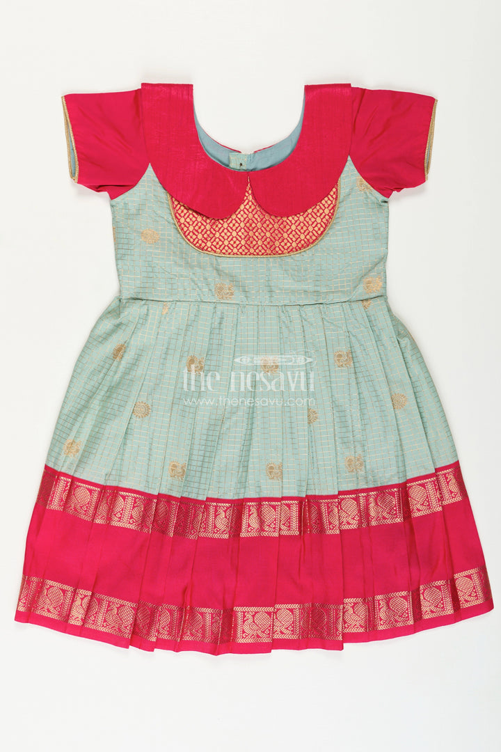 The Nesavu Girls Kanchi Silk Frock Girls Traditional Silk Frock with Dual Tone Finish and Puff Sleeves in Silk Short Dress Design Nesavu 22 (4Y) / Green / Style 2 SF1002BB-22 Nesavu Girls Semi Kanchivaram Silk Frock in silk short dress Style with Traditional Puff Sleeves