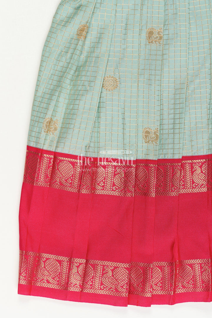 The Nesavu Girls Kanchi Silk Frock Girls Traditional Silk Frock with Dual Tone Finish and Puff Sleeves in Silk Short Dress Design Nesavu Nesavu Girls Semi Kanchivaram Silk Frock in silk short dress Style with Traditional Puff Sleeves
