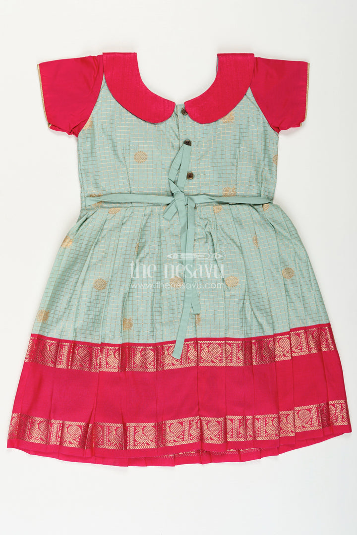 The Nesavu Girls Kanchi Silk Frock Girls Traditional Silk Frock with Dual Tone Finish and Puff Sleeves in Silk Short Dress Design Nesavu Nesavu Girls Semi Kanchivaram Silk Frock in silk short dress Style with Traditional Puff Sleeves