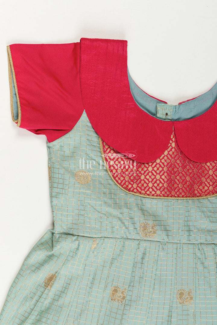 The Nesavu Girls Kanchi Silk Frock Girls Traditional Silk Frock with Dual Tone Finish and Puff Sleeves in Silk Short Dress Design Nesavu Nesavu Girls Semi Kanchivaram Silk Frock in silk short dress Style with Traditional Puff Sleeves