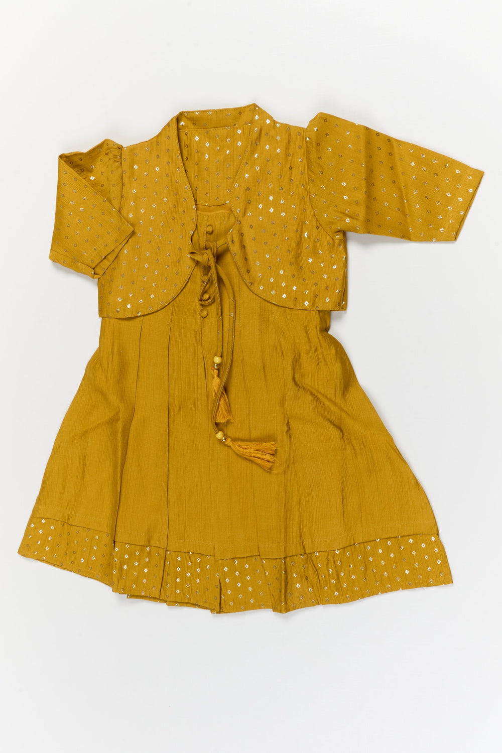 The Nesavu Girls Chanderi Frock Girls Traditional Silk Frock with Jacket for Weddings and Festive Functions Nesavu 20 (3Y) / Green / Viscose Silk GFC2114A-20 Nesavu girls silk frock with embroidered jacket – perfect for weddings and festive occasions