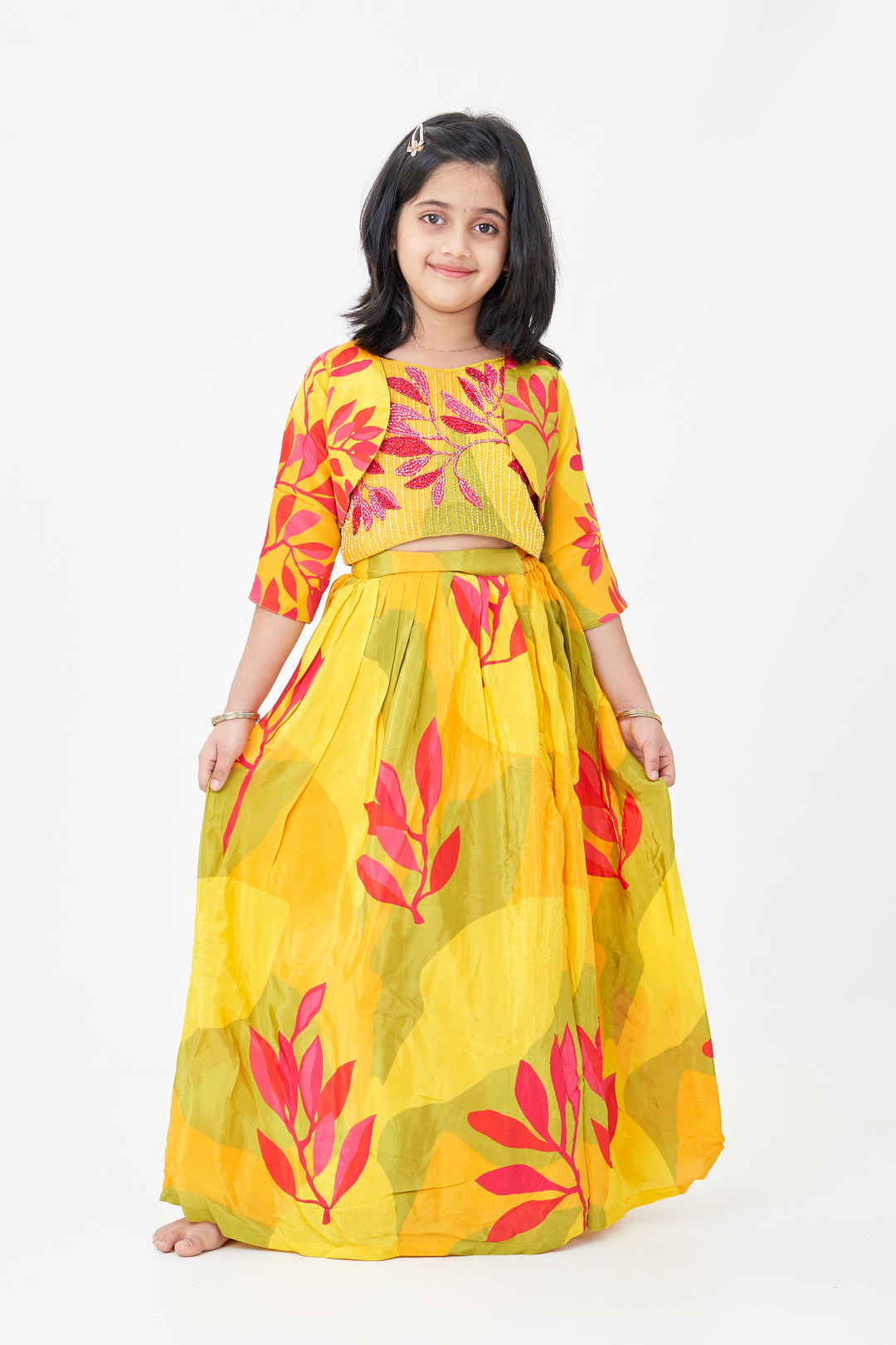 The Nesavu Girls Lehenga Choli Girls Traditional Silk Lehenga Choli in Pure Muslin Silk with Beaded Blouse and Printed Skirt Nesavu 24 (5Y) / Yellow GL599B-24 Nesavu Traditional Silk Lehenga Choli Pure Muslin Silk Embellished Blouse Leaf Motif Print