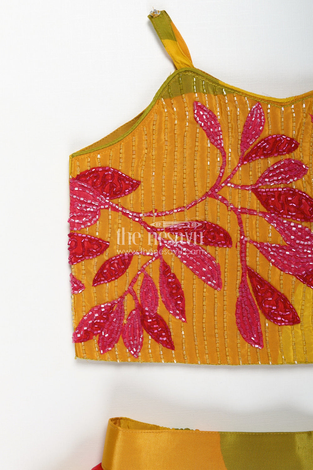 The Nesavu Girls Lehenga Choli Girls Traditional Silk Lehenga Choli in Pure Muslin Silk with Beaded Blouse and Printed Skirt Nesavu Nesavu Traditional Silk Lehenga Choli Pure Muslin Silk Embellished Blouse Leaf Motif Print