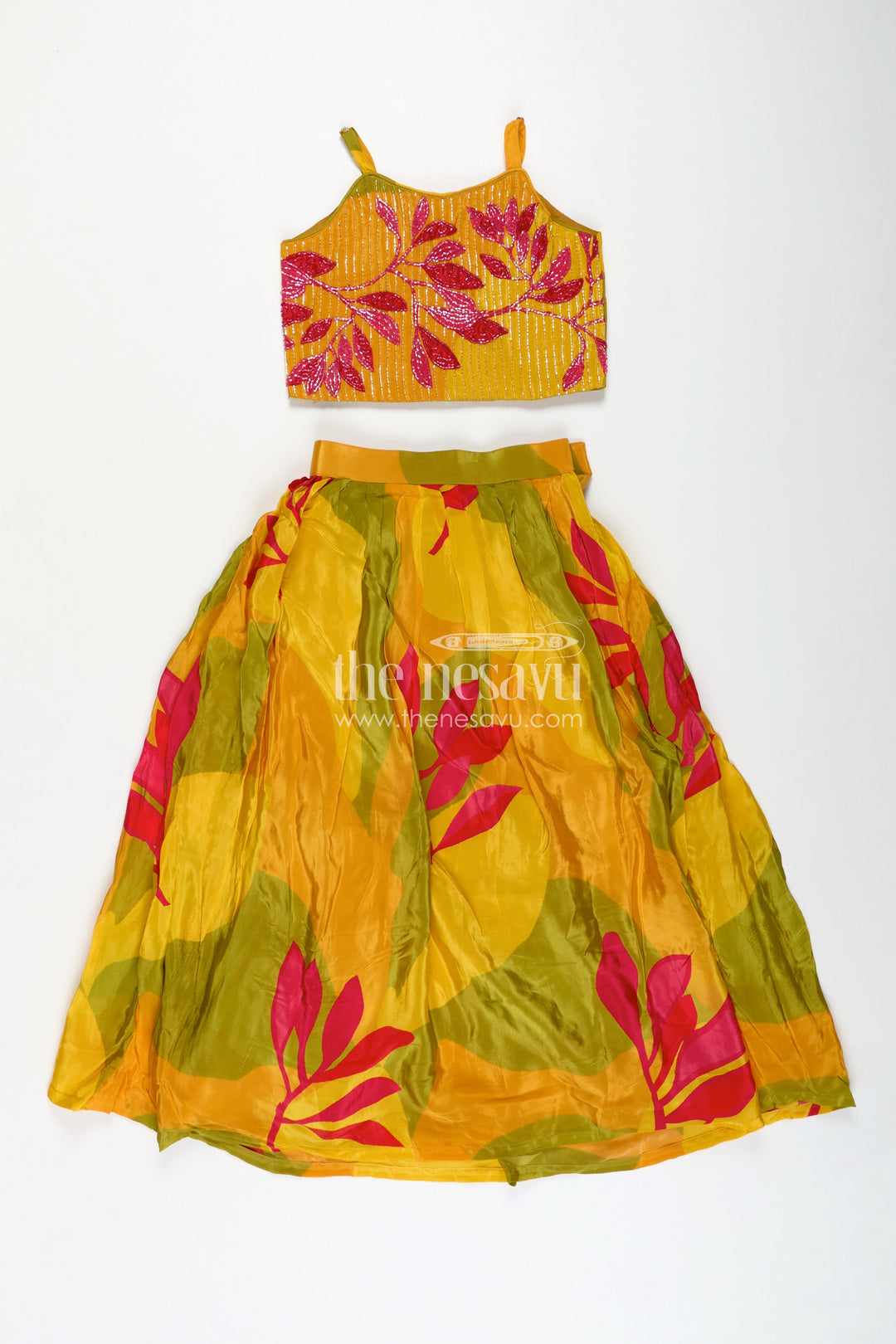 The Nesavu Girls Lehenga Choli Girls Traditional Silk Lehenga Choli in Pure Muslin Silk with Beaded Blouse and Printed Skirt Nesavu Nesavu Traditional Silk Lehenga Choli Pure Muslin Silk Embellished Blouse Leaf Motif Print