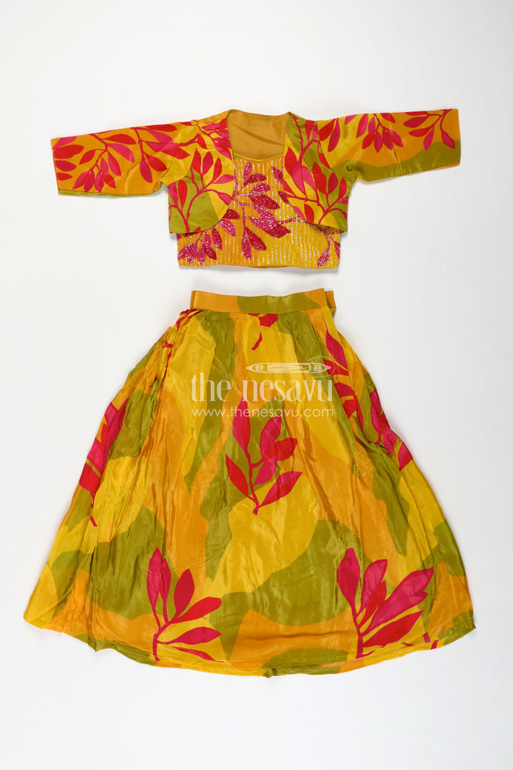 The Nesavu Girls Lehenga Choli Girls Traditional Silk Lehenga Choli in Pure Muslin Silk with Beaded Blouse and Printed Skirt Nesavu Nesavu Traditional Silk Lehenga Choli Pure Muslin Silk Embellished Blouse Leaf Motif Print