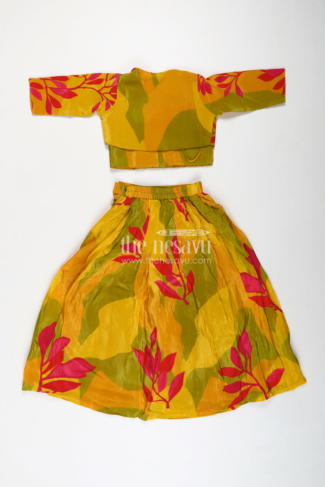 The Nesavu Girls Lehenga Choli Girls Traditional Silk Lehenga Choli in Pure Muslin Silk with Beaded Blouse and Printed Skirt Nesavu Nesavu Traditional Silk Lehenga Choli Pure Muslin Silk Embellished Blouse Leaf Motif Print