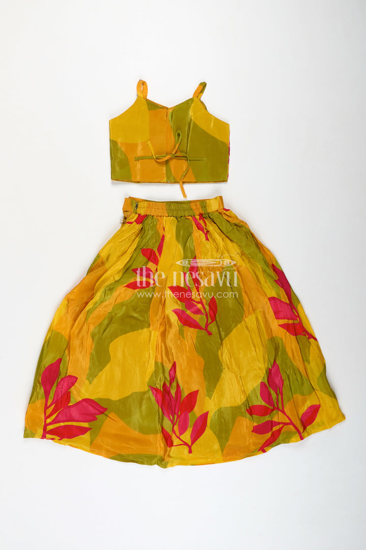 The Nesavu Girls Lehenga Choli Girls Traditional Silk Lehenga Choli in Pure Muslin Silk with Beaded Blouse and Printed Skirt Nesavu Nesavu Traditional Silk Lehenga Choli Pure Muslin Silk Embellished Blouse Leaf Motif Print