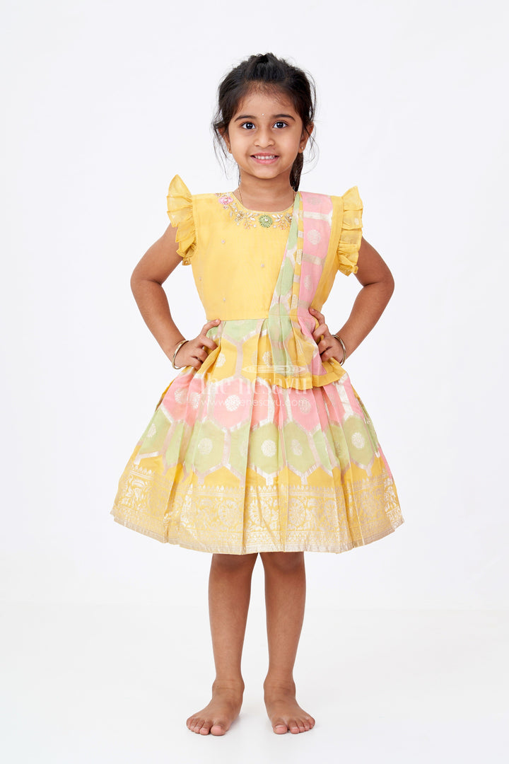 The Nesavu Silk Party Frock Girls Traditional Silk Saree Frock with Embroidery and Ruffled Sleeves for Festive Wear Nesavu 16 (1Y) / Yellow SF975B-16 Girls Silk Saree Frock Embroidery Ruffles Festive Party Wear | The Nesavu