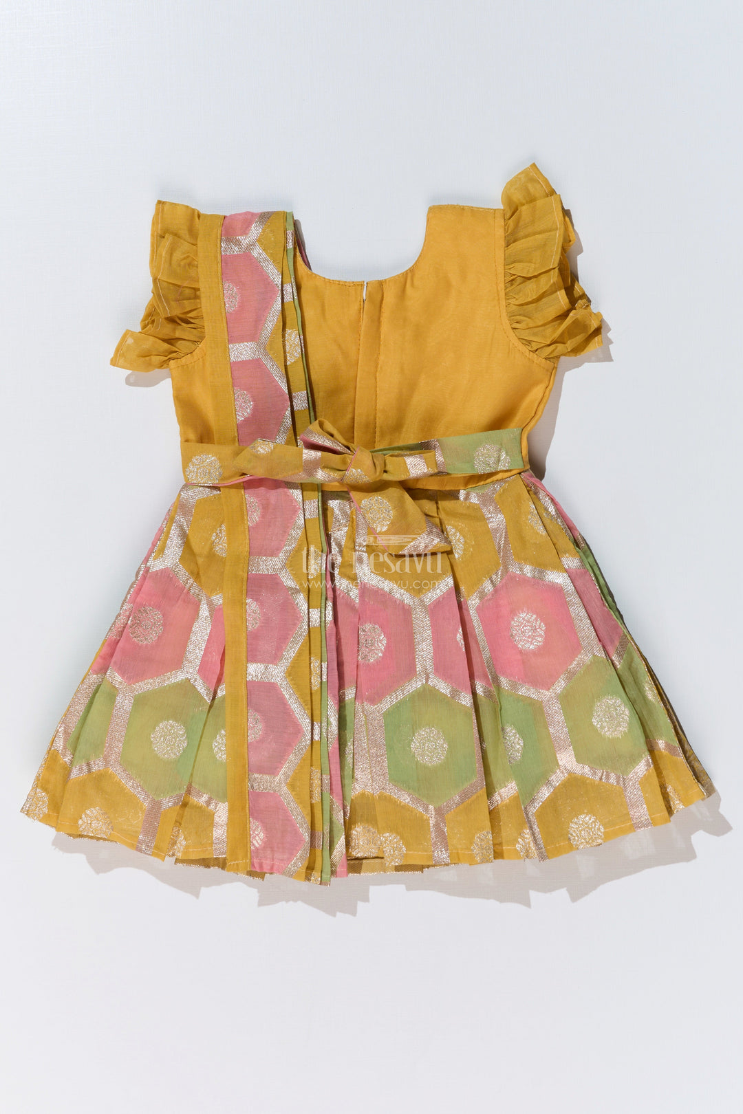 The Nesavu Silk Party Frock Girls Traditional Silk Saree Frock with Embroidery and Ruffled Sleeves for Festive Wear Nesavu Girls Silk Saree Frock Embroidery Ruffles Festive Party Wear | The Nesavu