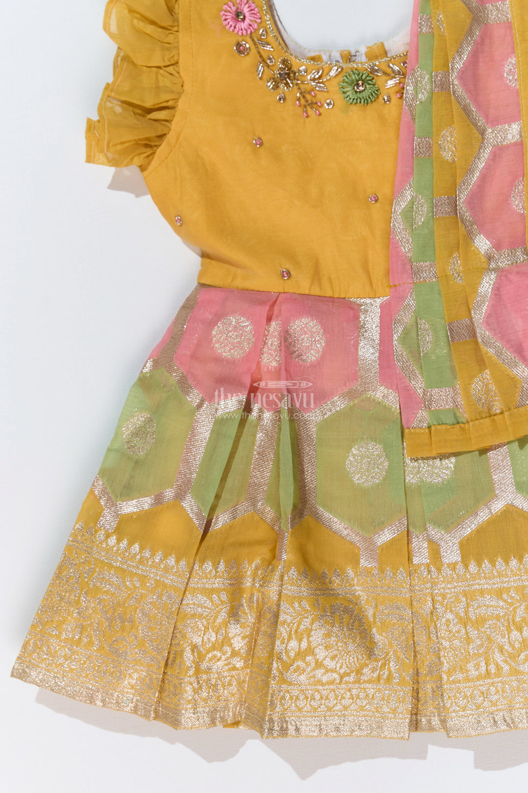 The Nesavu Silk Party Frock Girls Traditional Silk Saree Frock with Embroidery and Ruffled Sleeves for Festive Wear Nesavu Girls Silk Saree Frock Embroidery Ruffles Festive Party Wear | The Nesavu