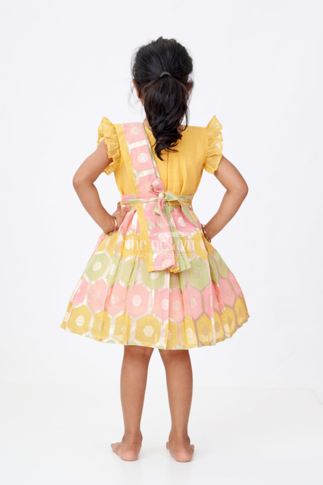 The Nesavu Silk Party Frock Girls Traditional Silk Saree Frock with Embroidery and Ruffled Sleeves for Festive Wear Nesavu Girls Silk Saree Frock Embroidery Ruffles Festive Party Wear | The Nesavu