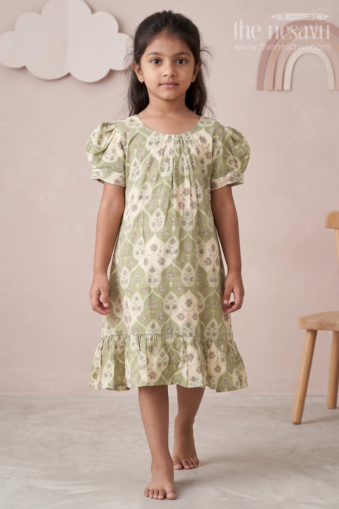 The Nesavu Girls Fancy Frock Girls Trending Frock Design in Green Muslin Silk with Floral Leaf Digital Print and Short Puff Sleeves Nesavu 18 (2Y) / Green GFC1757A-18 Nesavu Green Muslin Silk Trending Frock Design Girls Floral Leaf Print Puff Sleeves