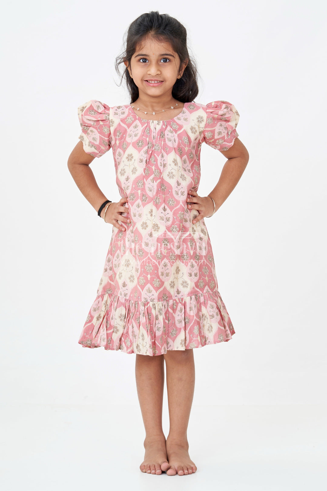 The Nesavu Girls Fancy Frock Girls Trendy Frock Designs in Pink Muslin Silk with Leaf Print Motifs and Ruffle Trim for Stylish Days Nesavu Nesavu Pink Muslin Silk Trendy Frock Designs Girls Leaf Motifs Ruffle Hem