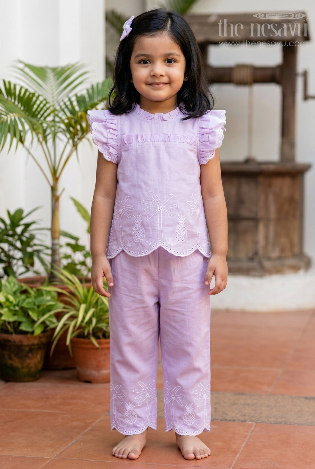 The Nesavu Girls Co-Ord Sets Girls Tropical Co Ord Outfit for Holiday Photo Moments Nesavu 22 (4Y) / Purple / Cotton Blend GCS067B-22 Nesavu Girls Tropical Embroidered Co Ord Outfit With Relaxed Fit Pants For Holiday Outings